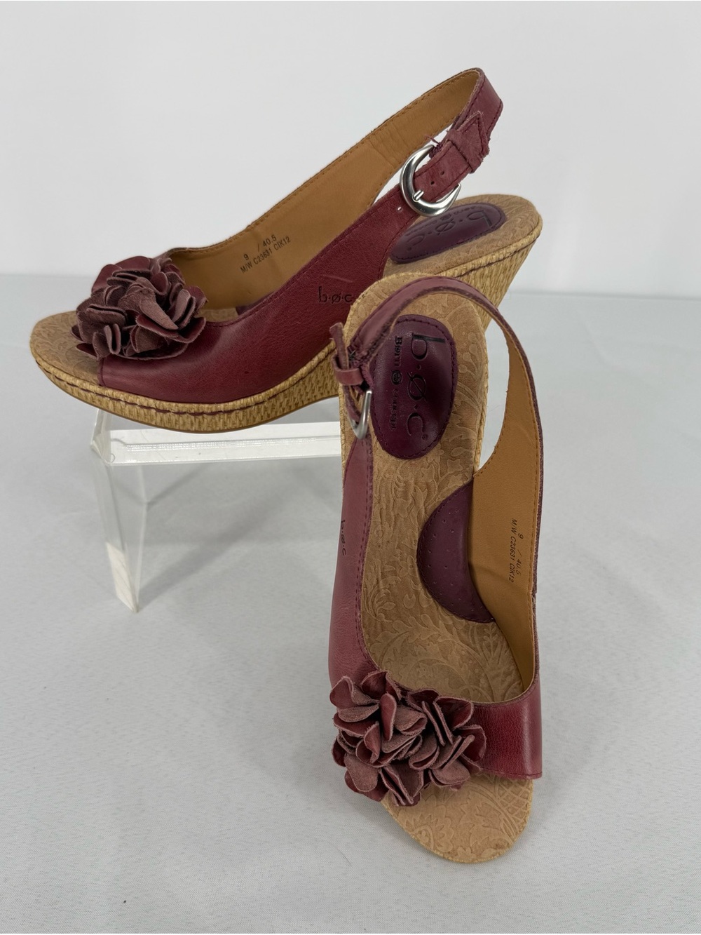 b.o.c. Women's Wine Leather Slingback Wedge Sandals with Flower